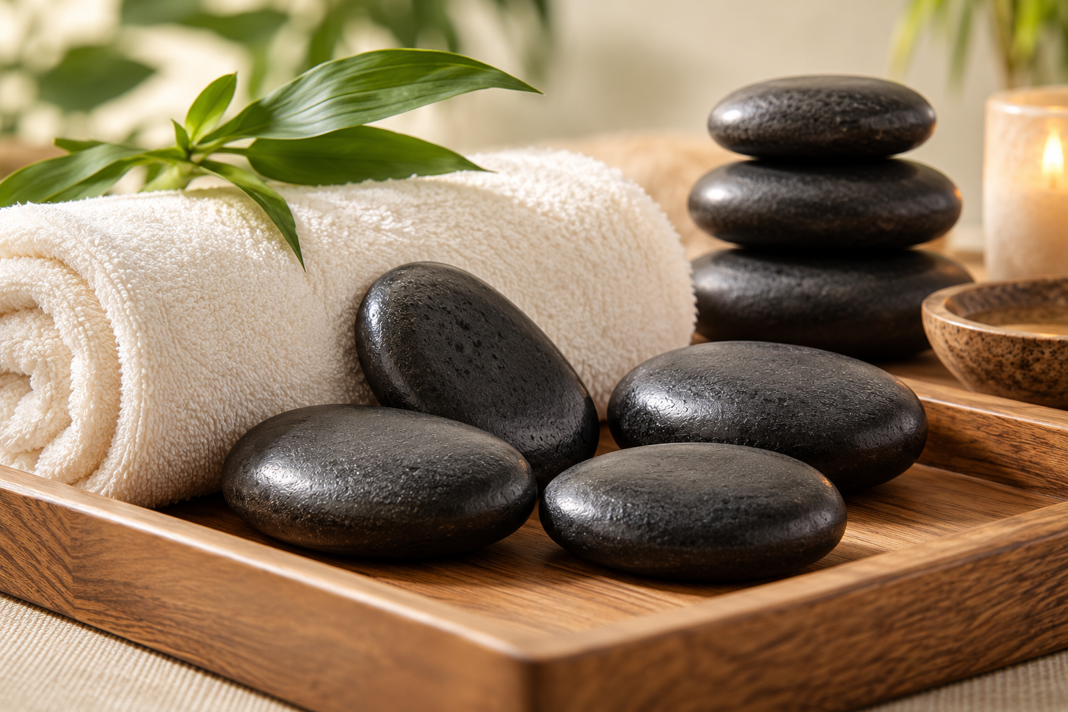 Hot massage stones on a spa towel